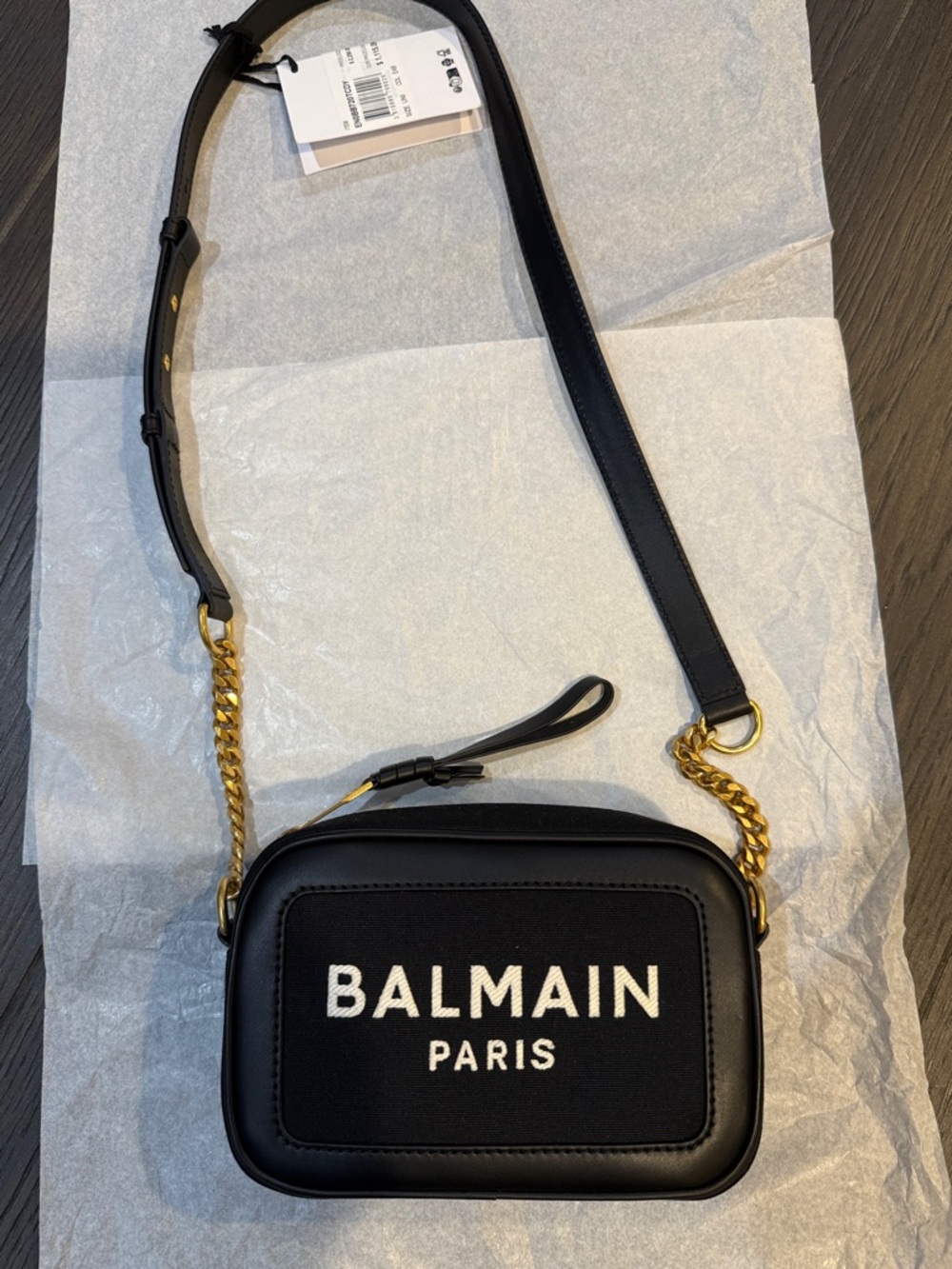 Balmain Black Camera Crossbody with Gold Chain and black leather strap